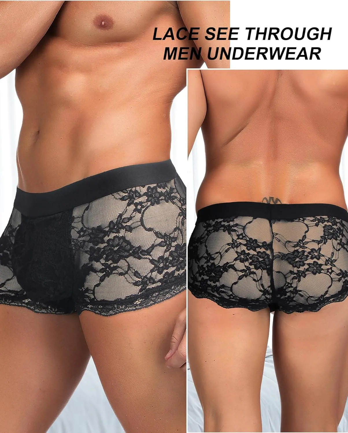 ohyeahlady Mens Lace Boxer Briefs - Soft Low Rise Bulge Pouch Trunks Underwear Sexy Panties Lingerie for Men