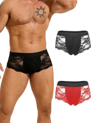 ohyeahlady Mens Lace Boxer Briefs - Soft Low Rise Bulge Pouch Trunks Underwear Sexy Panties Lingerie for Men