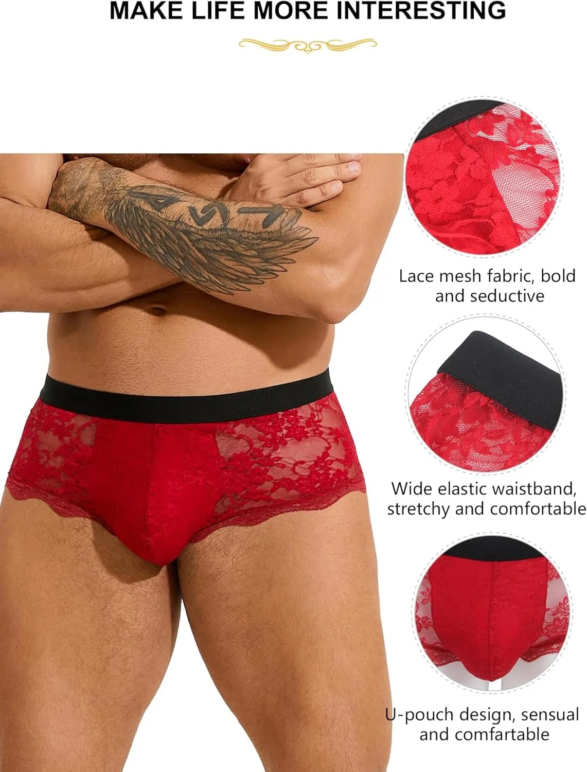 ohyeahlady Mens Lace Boxer Briefs - Soft Low Rise Bulge Pouch Trunks Underwear Sexy Panties Lingerie for Men