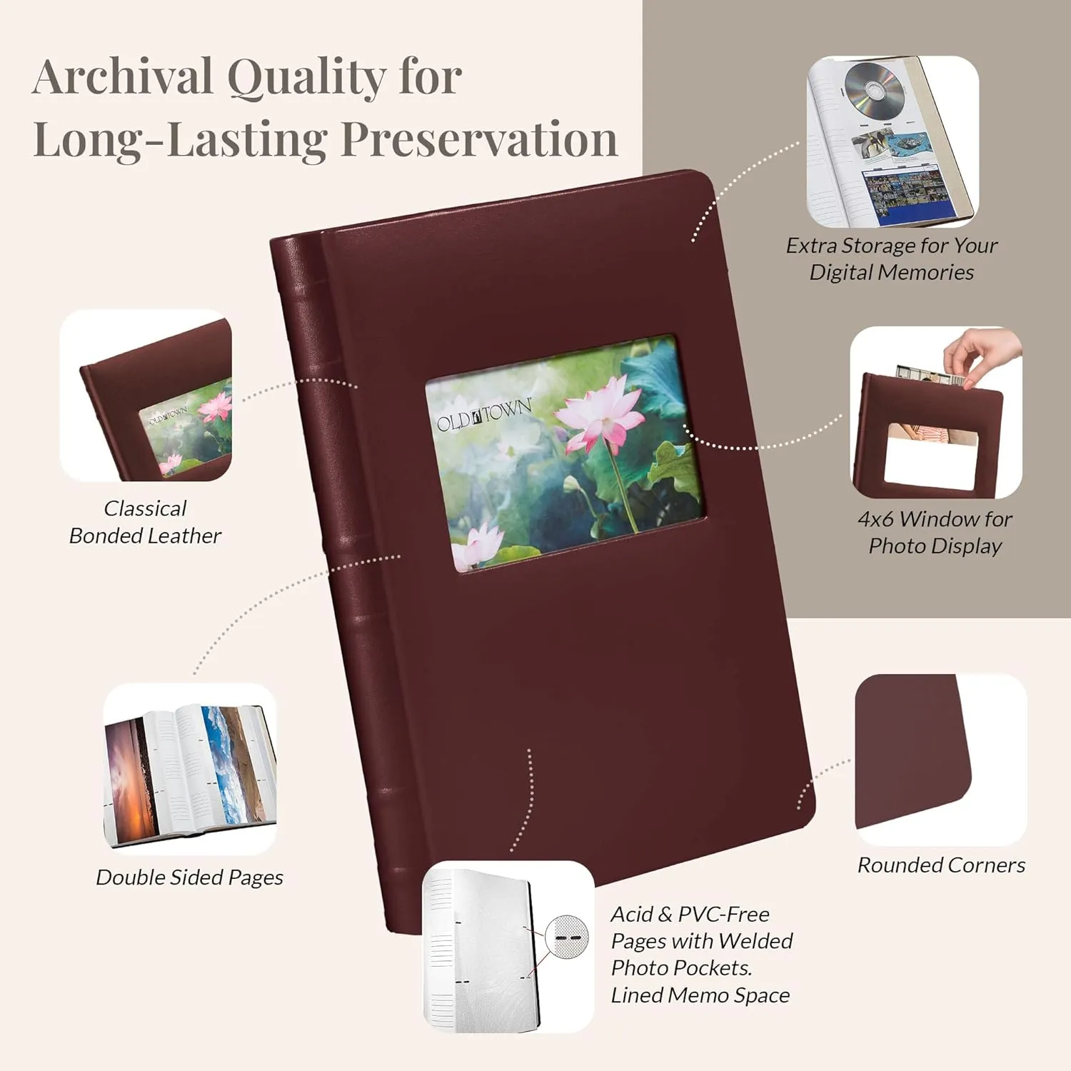 Old Town 2-Pack Bonded Leather Photo Albums, Multi Size Photo Album 5x7 & 4x6 Slots, Acid-Free Photo Album 4x6 300 Photos or 100 5x7 Photos, 50 Double-sided Welded Pages, Burgundy