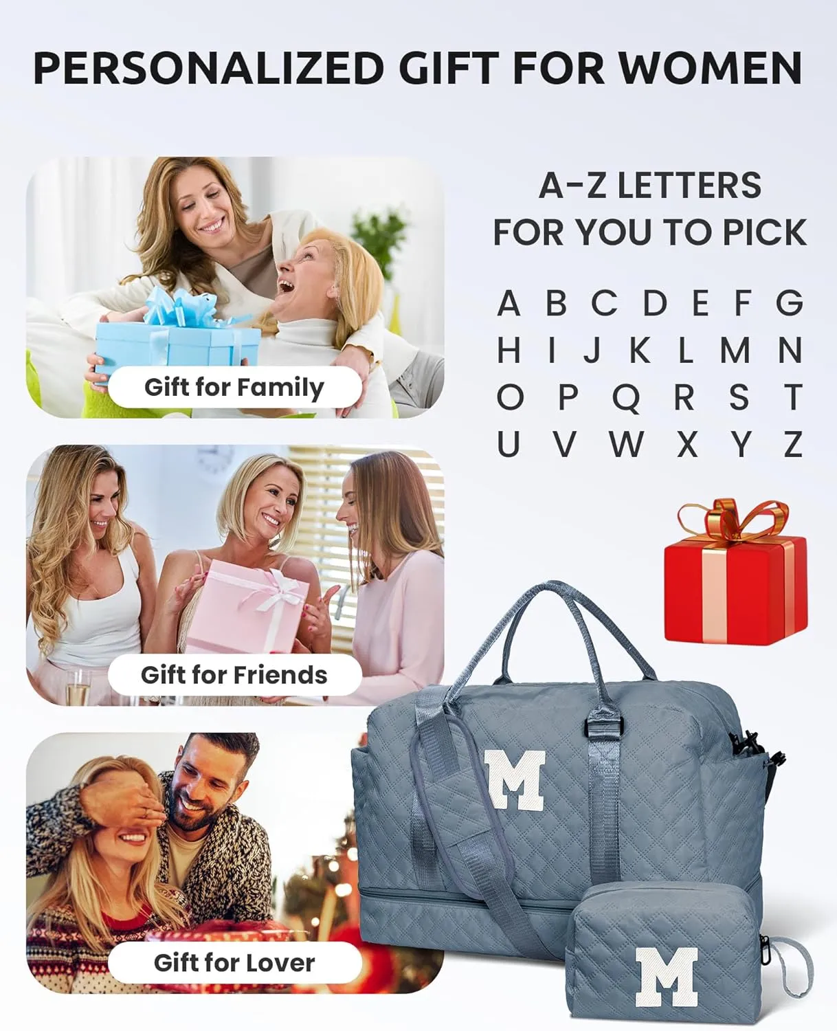 Overnight Bags for Women, Personalized Weekender Bag, Monogram Travel Bag for Women with Trolley Sleeve & Wet Pocket, Letter Travel Bag with Makeup Bag, Gift for Her(Letter D)