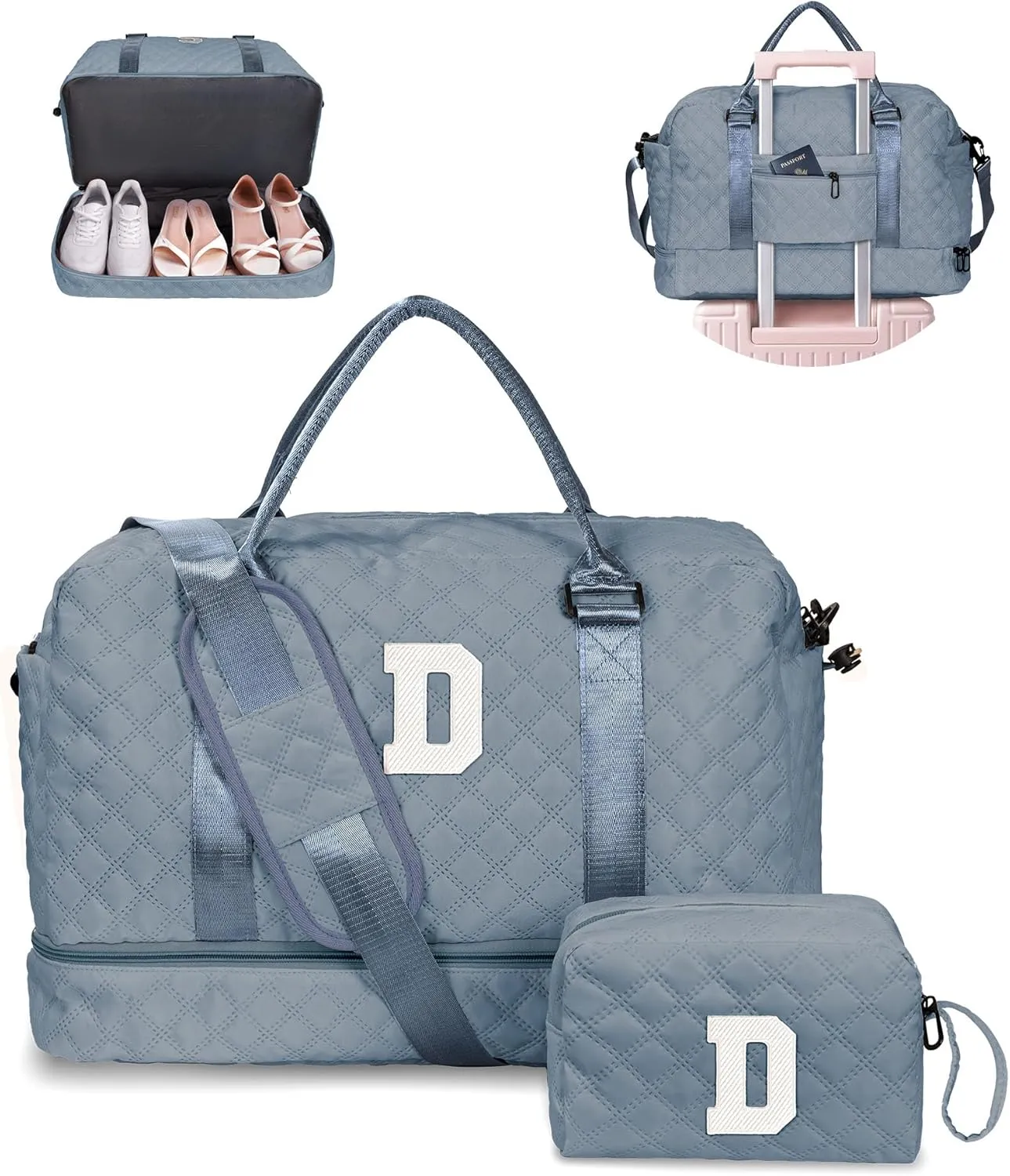 Overnight Bags for Women, Personalized Weekender Bag, Monogram Travel Bag for Women with Trolley Sleeve & Wet Pocket, Letter Travel Bag with Makeup Bag, Gift for Her(Letter D)