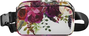 Oyihfvs Burgundy Red White Floral Flowers and Feathers on White Adjustable Fanny Waist Pack Pouch, Waterproof Runners Sports Waist Pack Wallet for Sports Hiking Fitness Cycling Gym Women Men