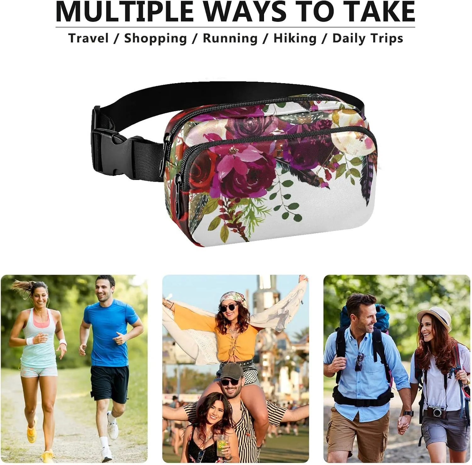 Oyihfvs Burgundy Red White Floral Flowers and Feathers on White Adjustable Fanny Waist Pack Pouch, Waterproof Runners Sports Waist Pack Wallet for Sports Hiking Fitness Cycling Gym Women Men