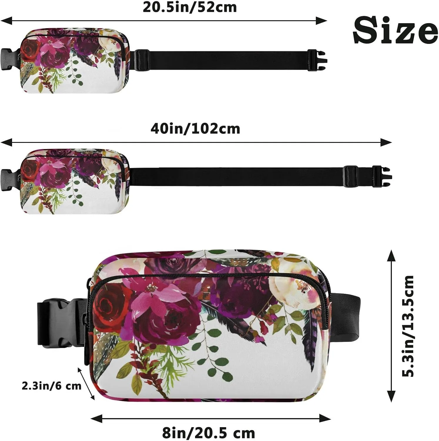 Oyihfvs Burgundy Red White Floral Flowers and Feathers on White Adjustable Fanny Waist Pack Pouch, Waterproof Runners Sports Waist Pack Wallet for Sports Hiking Fitness Cycling Gym Women Men