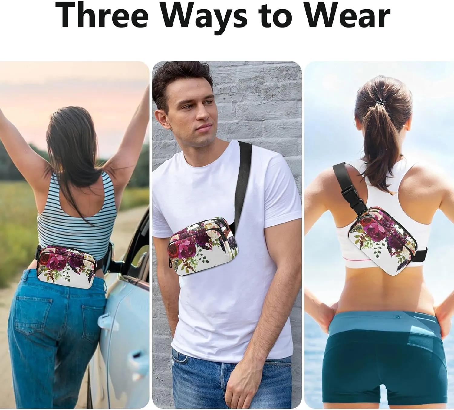 Oyihfvs Burgundy Red White Floral Flowers and Feathers on White Adjustable Fanny Waist Pack Pouch, Waterproof Runners Sports Waist Pack Wallet for Sports Hiking Fitness Cycling Gym Women Men