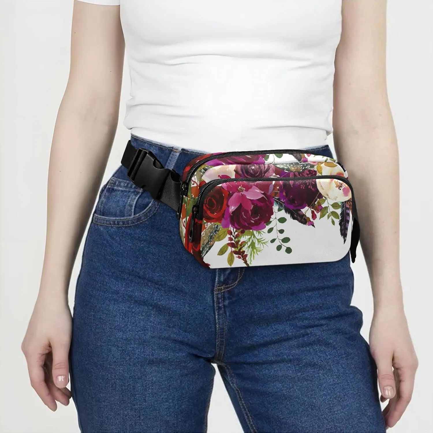 Oyihfvs Burgundy Red White Floral Flowers and Feathers on White Adjustable Fanny Waist Pack Pouch, Waterproof Runners Sports Waist Pack Wallet for Sports Hiking Fitness Cycling Gym Women Men