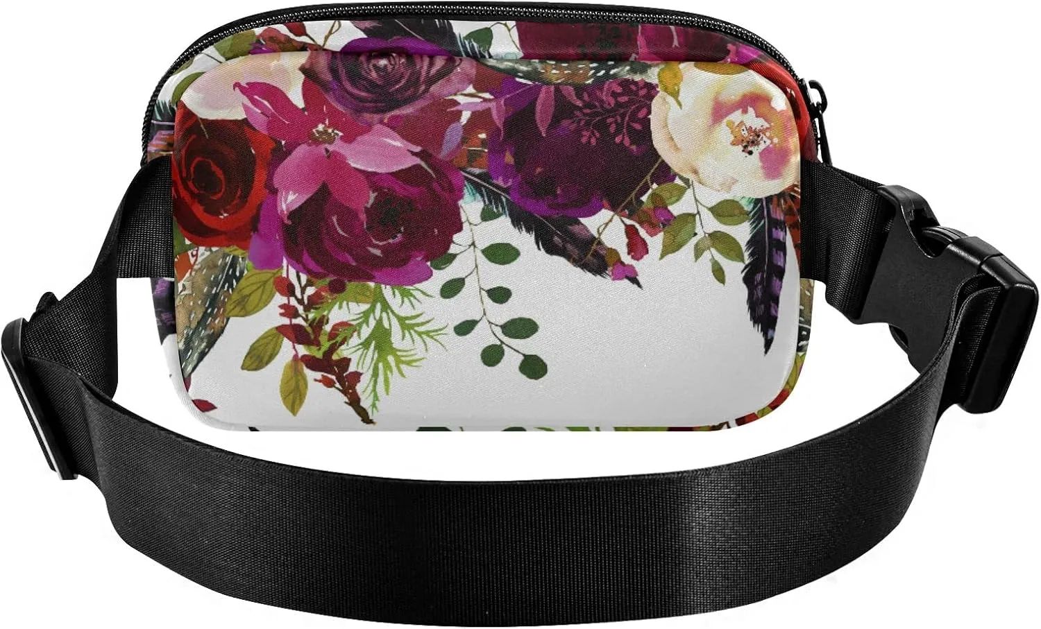 Oyihfvs Burgundy Red White Floral Flowers and Feathers on White Adjustable Fanny Waist Pack Pouch, Waterproof Runners Sports Waist Pack Wallet for Sports Hiking Fitness Cycling Gym Women Men