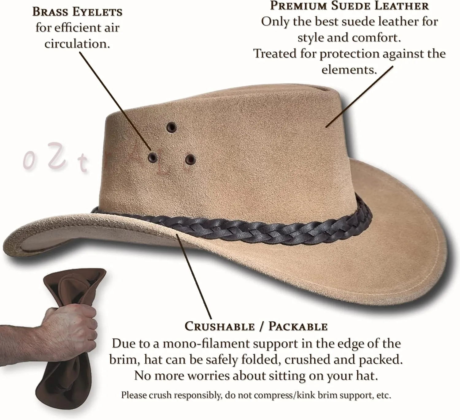 Oztrala Hat Suede Leather Cowboy Men Women Australian Outback Western Aussie Black Brown HL32 Flinders