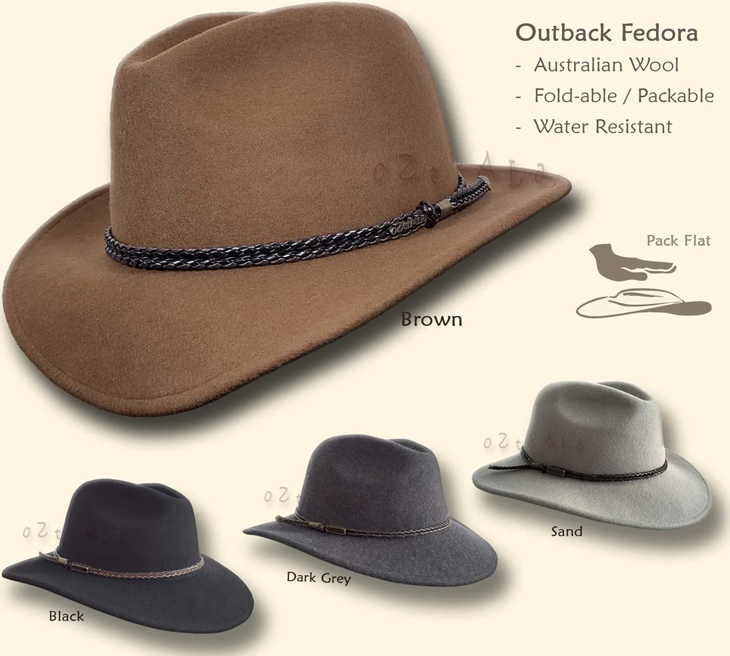 Oztrala Outback Fedora Australian Wool Felt HAT HW02 Mens Women Kids Leather Band Cowboy Western US