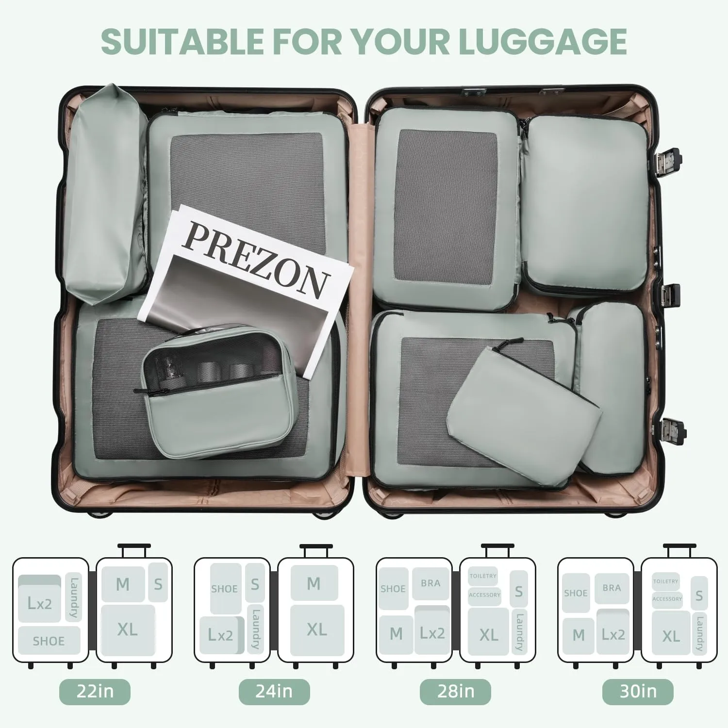 Packing Cubes for Travel |10 Set Matcha |Durable Luggage Organizer 4 Size(Extra Large, Large, Medium, Small),Comprehensive Cubes for Toiletry,Underwear, Shoe,Travel Essentials,Efficient Women Gifts