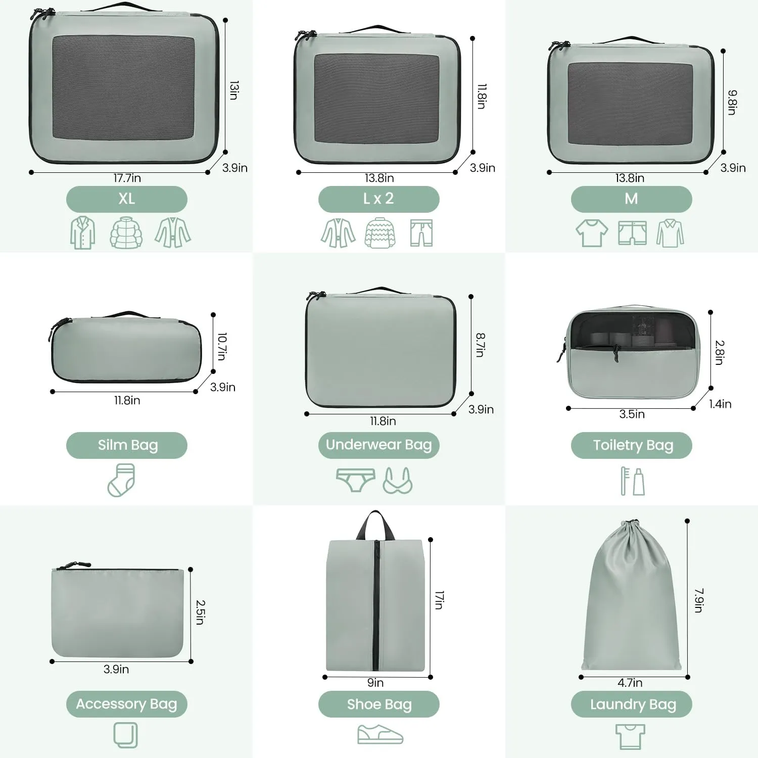 Packing Cubes for Travel |10 Set Matcha |Durable Luggage Organizer 4 Size(Extra Large, Large, Medium, Small),Comprehensive Cubes for Toiletry,Underwear, Shoe,Travel Essentials,Efficient Women Gifts