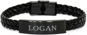 PARN'S Gifts For Logan - Trendy Custom Name ID Plate Braided Leather Bracelet Christmas Birthday Gifts For Son Brother Dad Husband Grandson Uncle Friends Men, Engraved Adjustable