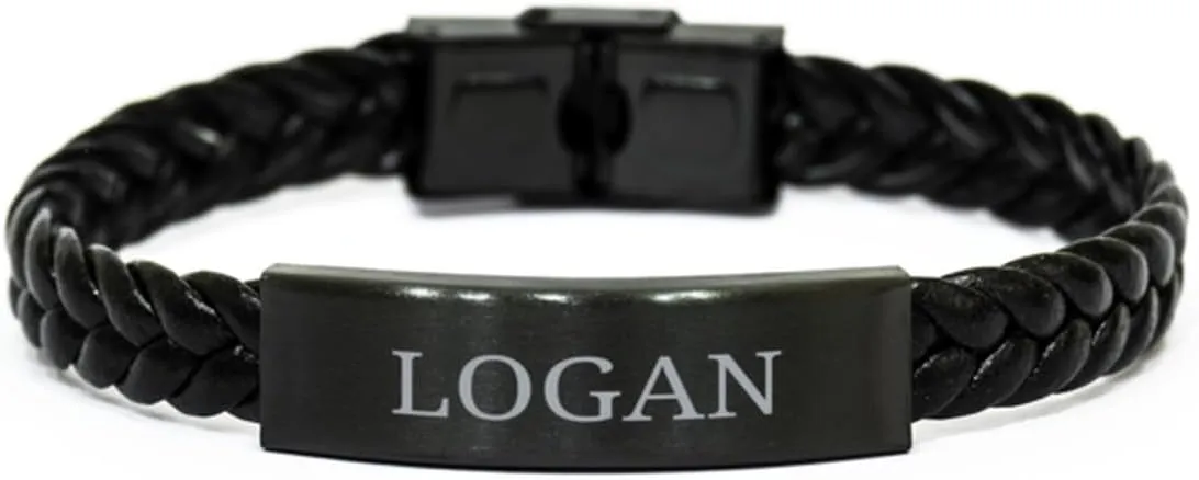 PARN'S Gifts For Logan - Trendy Custom Name ID Plate Braided Leather Bracelet Christmas Birthday Gifts For Son Brother Dad Husband Grandson Uncle Friends Men, Engraved Adjustable