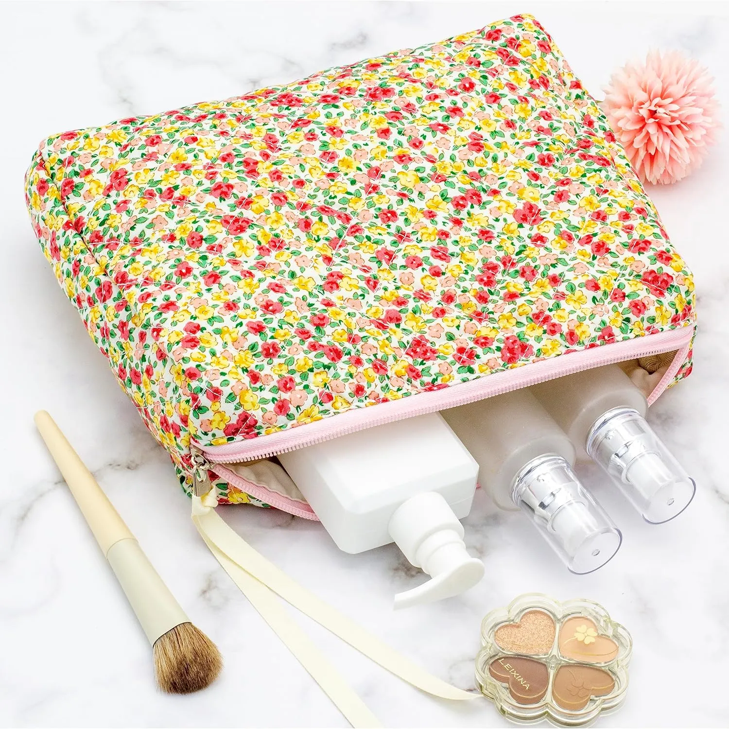 PAZIMIIK Cotton Makeup Bag for Women Large Quilted Travel Cosmetic Pouch Girls' Make Up Organizer,Little Flower
