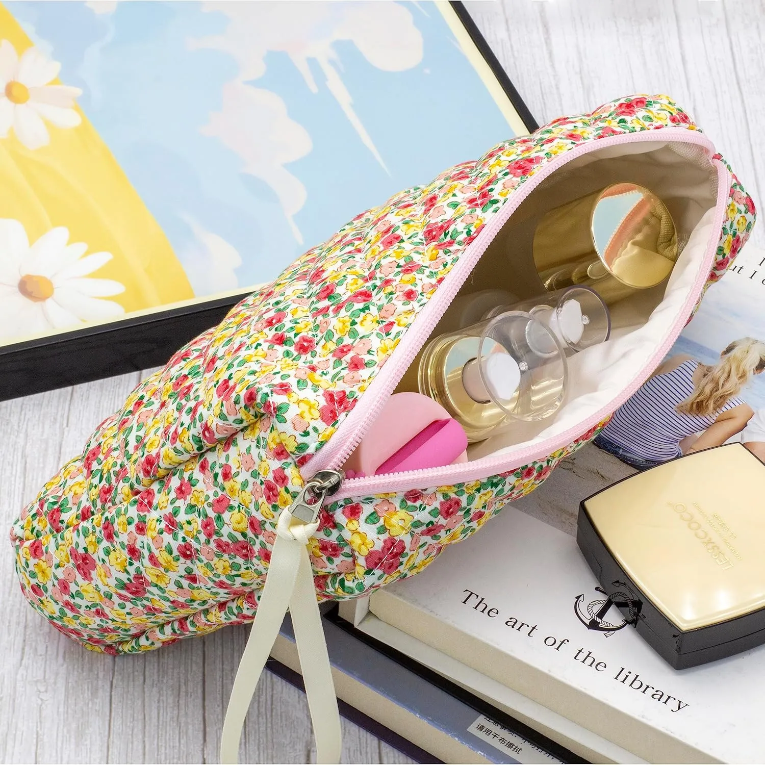 PAZIMIIK Cotton Makeup Bag for Women Large Quilted Travel Cosmetic Pouch Girls' Make Up Organizer,Little Flower
