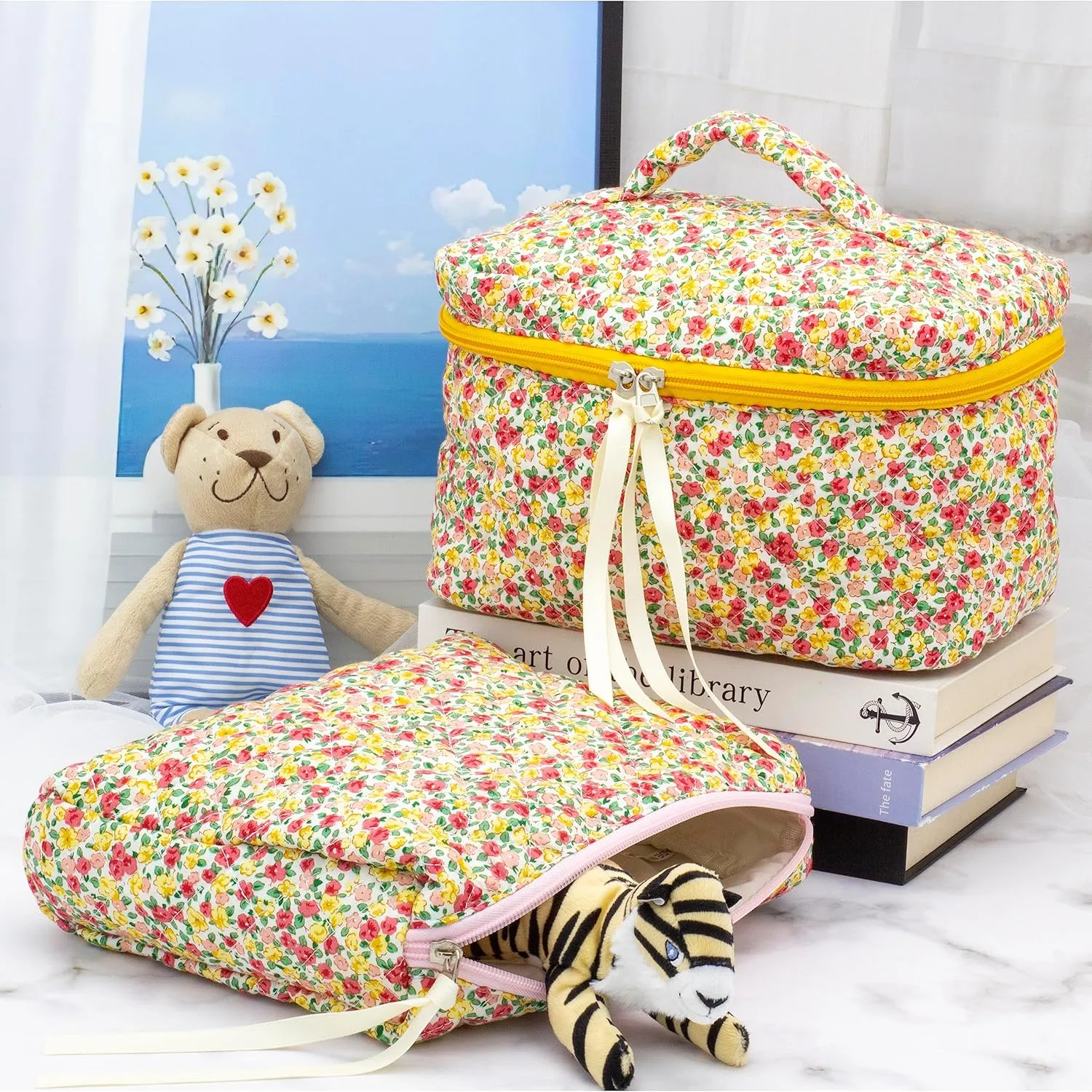 PAZIMIIK Cotton Makeup Bag for Women Large Quilted Travel Cosmetic Pouch Girls' Make Up Organizer,Little Flower