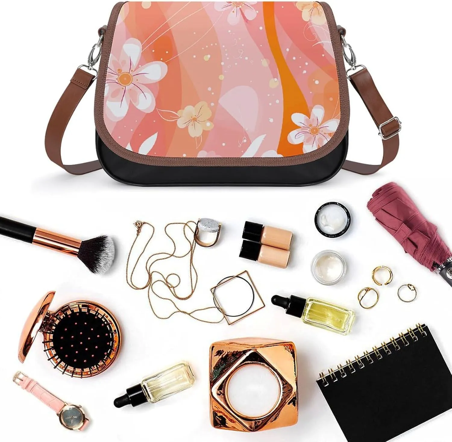Peach Cat Pattern Crossbody Bags for Women Travel Shoulder Bag Small Leather Cross Body Handbags