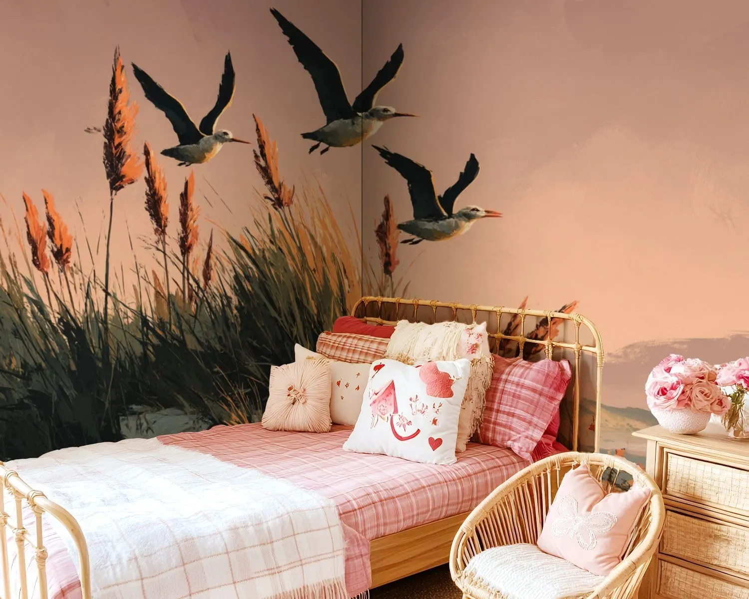 Peel and Stick Wallpaper Wall Murals Ocean Beach Sunset Seabird Grass Natural Landscape Seagulls Sand Dunes Self Adhesive Removable Canvas Wall Stickers for Living Room Kids Bedroom 100''x144''