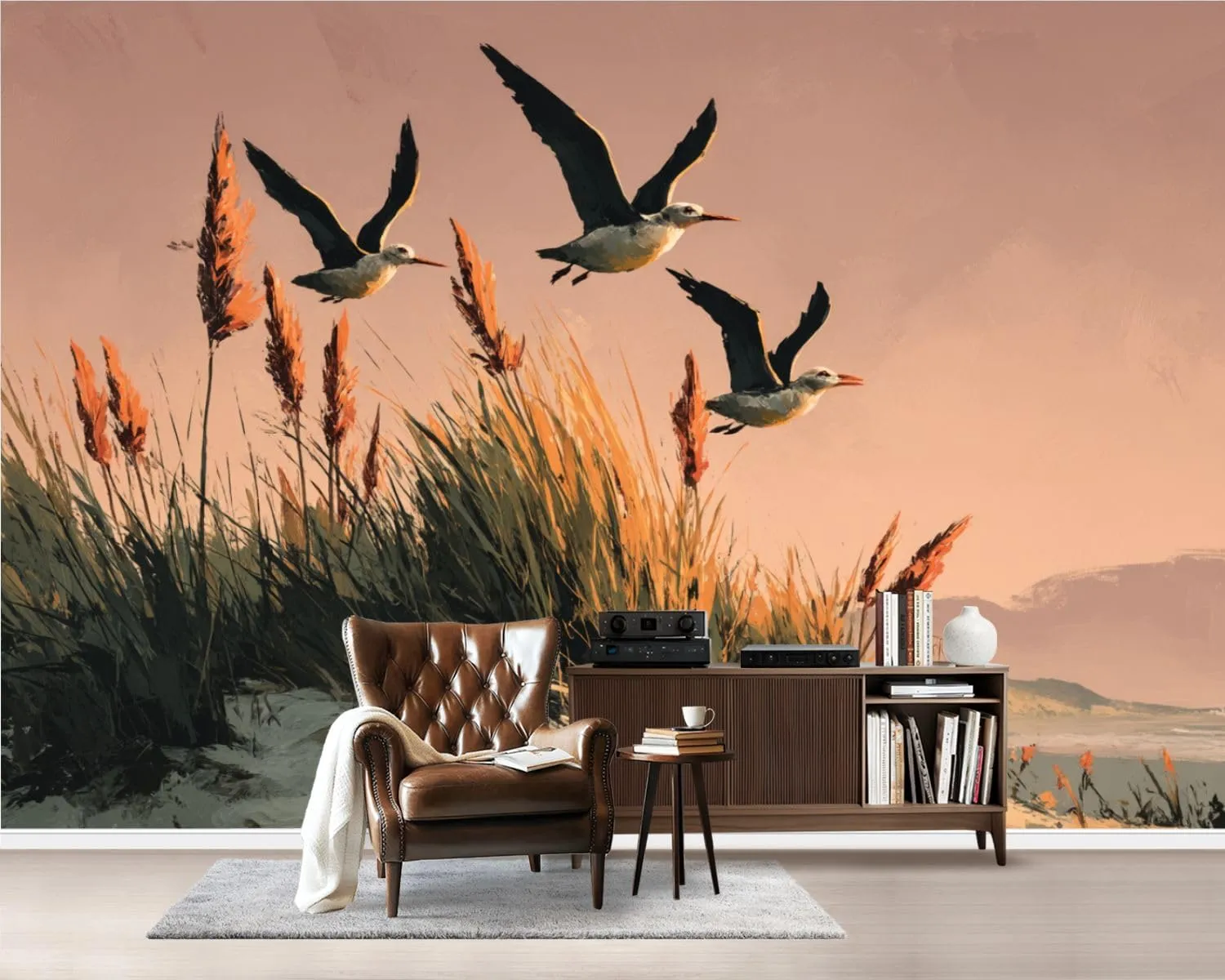 Peel and Stick Wallpaper Wall Murals Ocean Beach Sunset Seabird Grass Natural Landscape Seagulls Sand Dunes Self Adhesive Removable Canvas Wall Stickers for Living Room Kids Bedroom 100''x144''
