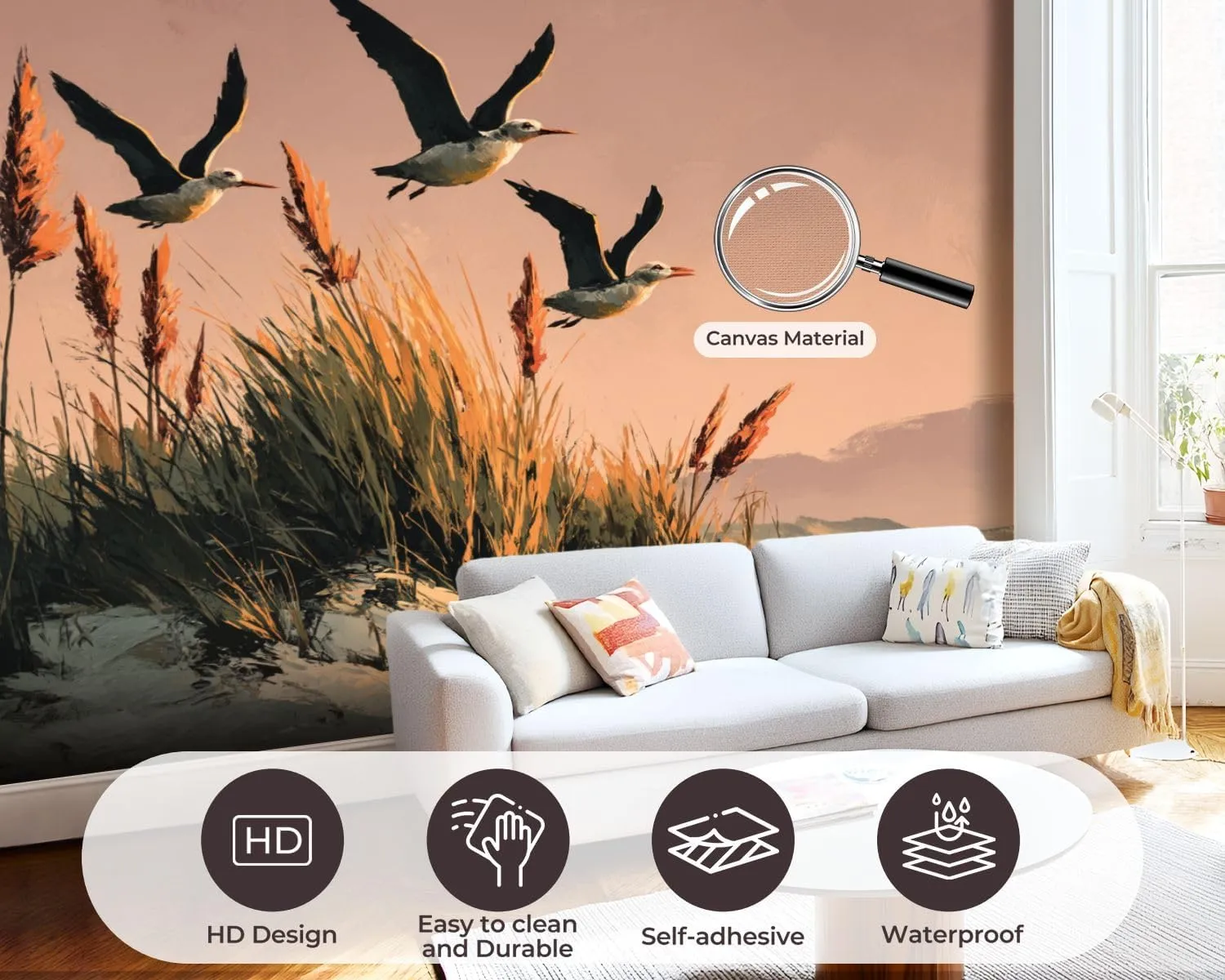 Peel and Stick Wallpaper Wall Murals Ocean Beach Sunset Seabird Grass Natural Landscape Seagulls Sand Dunes Self Adhesive Removable Canvas Wall Stickers for Living Room Kids Bedroom 100''x144''