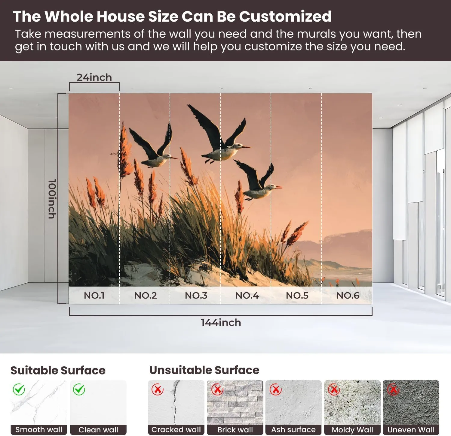 Peel and Stick Wallpaper Wall Murals Ocean Beach Sunset Seabird Grass Natural Landscape Seagulls Sand Dunes Self Adhesive Removable Canvas Wall Stickers for Living Room Kids Bedroom 100''x144''