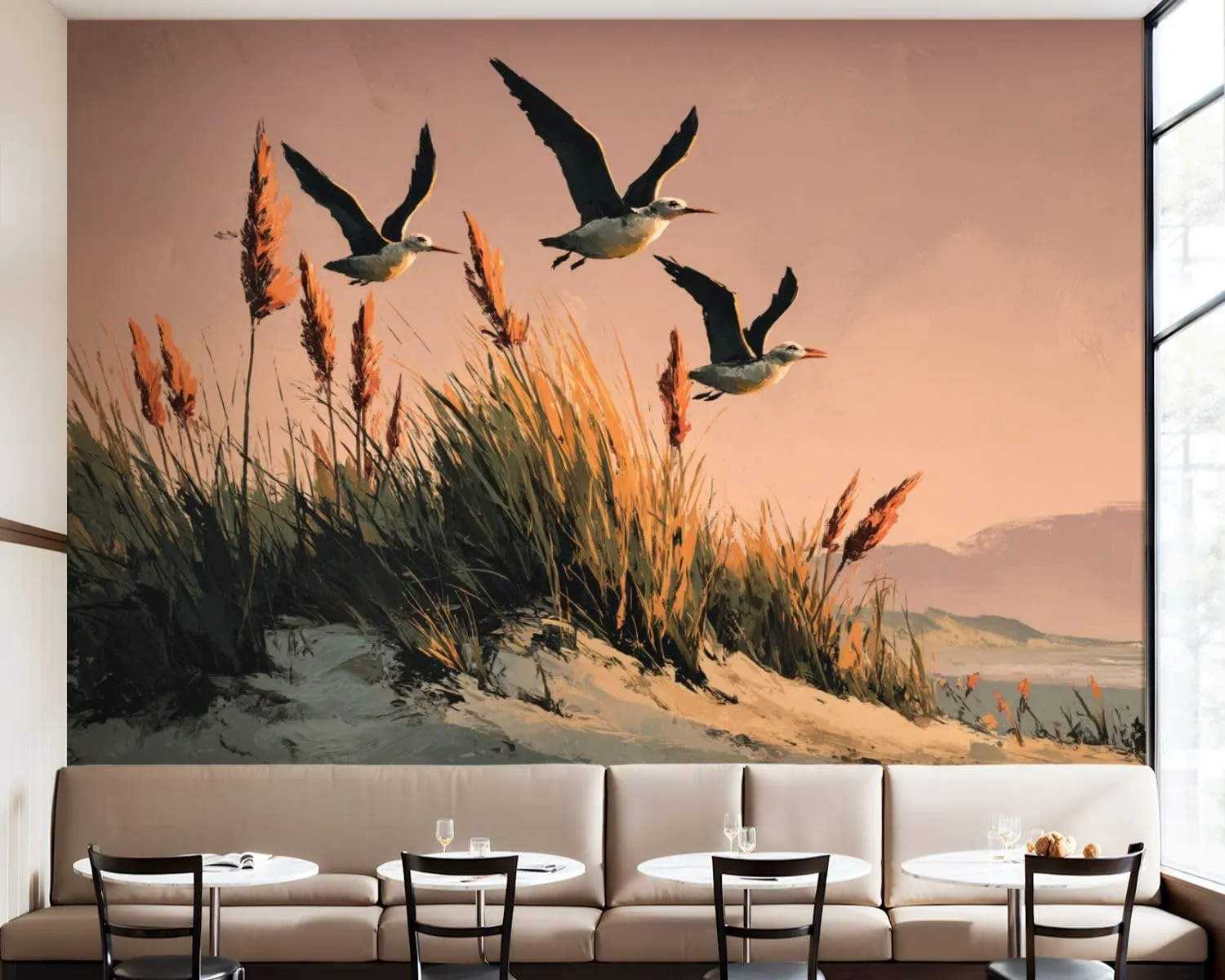 Peel and Stick Wallpaper Wall Murals Ocean Beach Sunset Seabird Grass Natural Landscape Seagulls Sand Dunes Self Adhesive Removable Canvas Wall Stickers for Living Room Kids Bedroom 100''x144''
