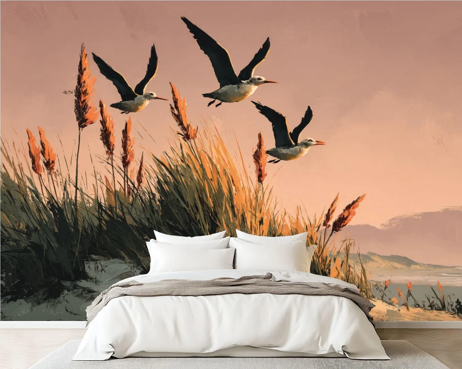Peel and Stick Wallpaper Wall Murals Ocean Beach Sunset Seabird Grass Natural Landscape Seagulls Sand Dunes Self Adhesive Removable Canvas Wall Stickers for Living Room Kids Bedroom 100''x144''