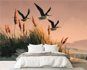 Peel and Stick Wallpaper Wall Murals Ocean Beach Sunset Seabird Grass Natural Landscape Seagulls Sand Dunes Self Adhesive Removable Canvas Wall Stickers for Living Room Kids Bedroom 100''x144''