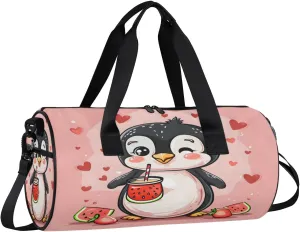 Penguin Watermelon Juice Travel Gym Bag Waterproof Sport Dance Bag for Women Men Portable Gymnastics Duffel Bags Canvas Tote Carry on Handbag for Workout Overnight Weekender
