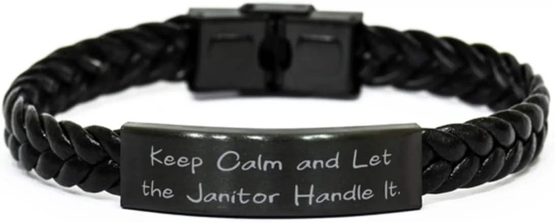 Perfect Janitor Gifts, Keep Calm and Let the, Janitor Braided Leather Bracelet From Coworkers, Engraved Bracelet For Coworkers, Mop, Bucket, Gloves, Trash can, Garbage bags, Rags, Sponge