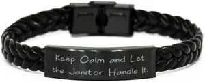 Perfect Janitor Gifts, Keep Calm and Let the, Janitor Braided Leather Bracelet From Coworkers, Engraved Bracelet For Coworkers, Mop, Bucket, Gloves, Trash can, Garbage bags, Rags, Sponge