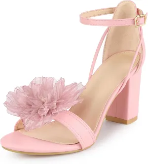 Perphy Flower Open Toe Ankle Strap Block High Heel Sandals for Women
