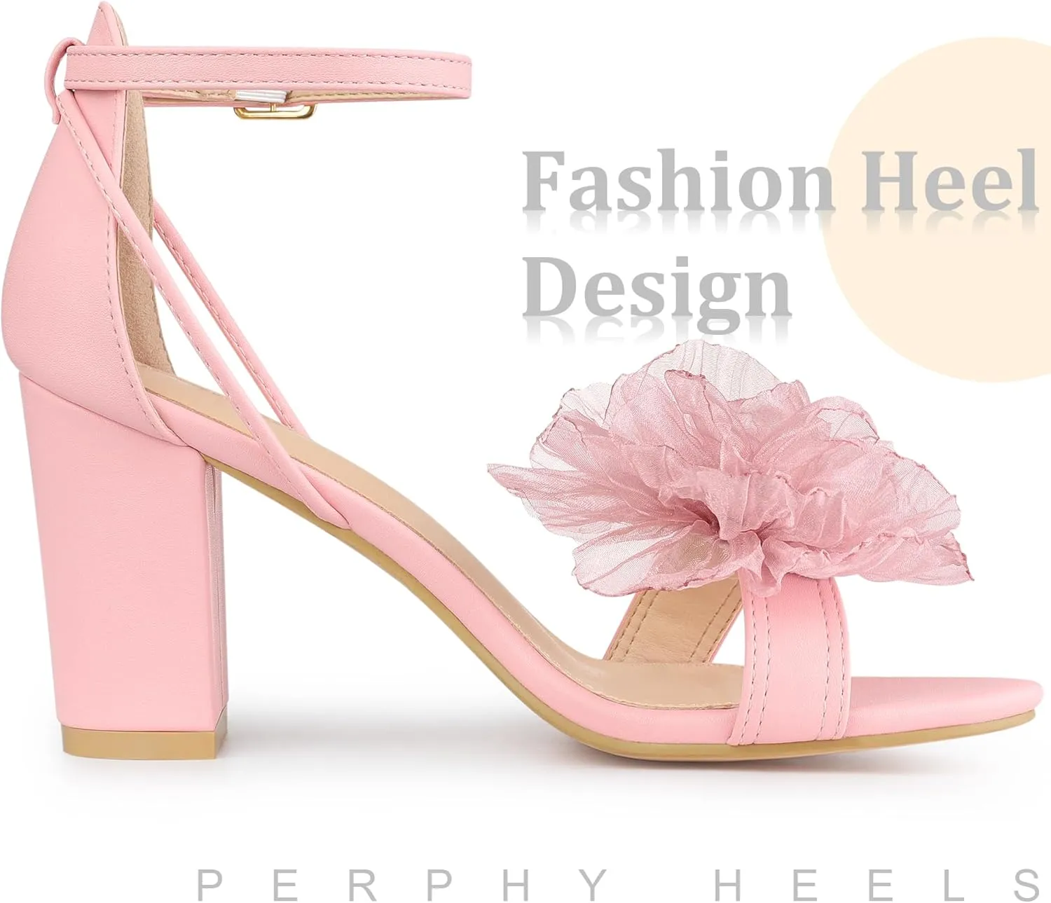 Perphy Flower Open Toe Ankle Strap Block High Heel Sandals for Women