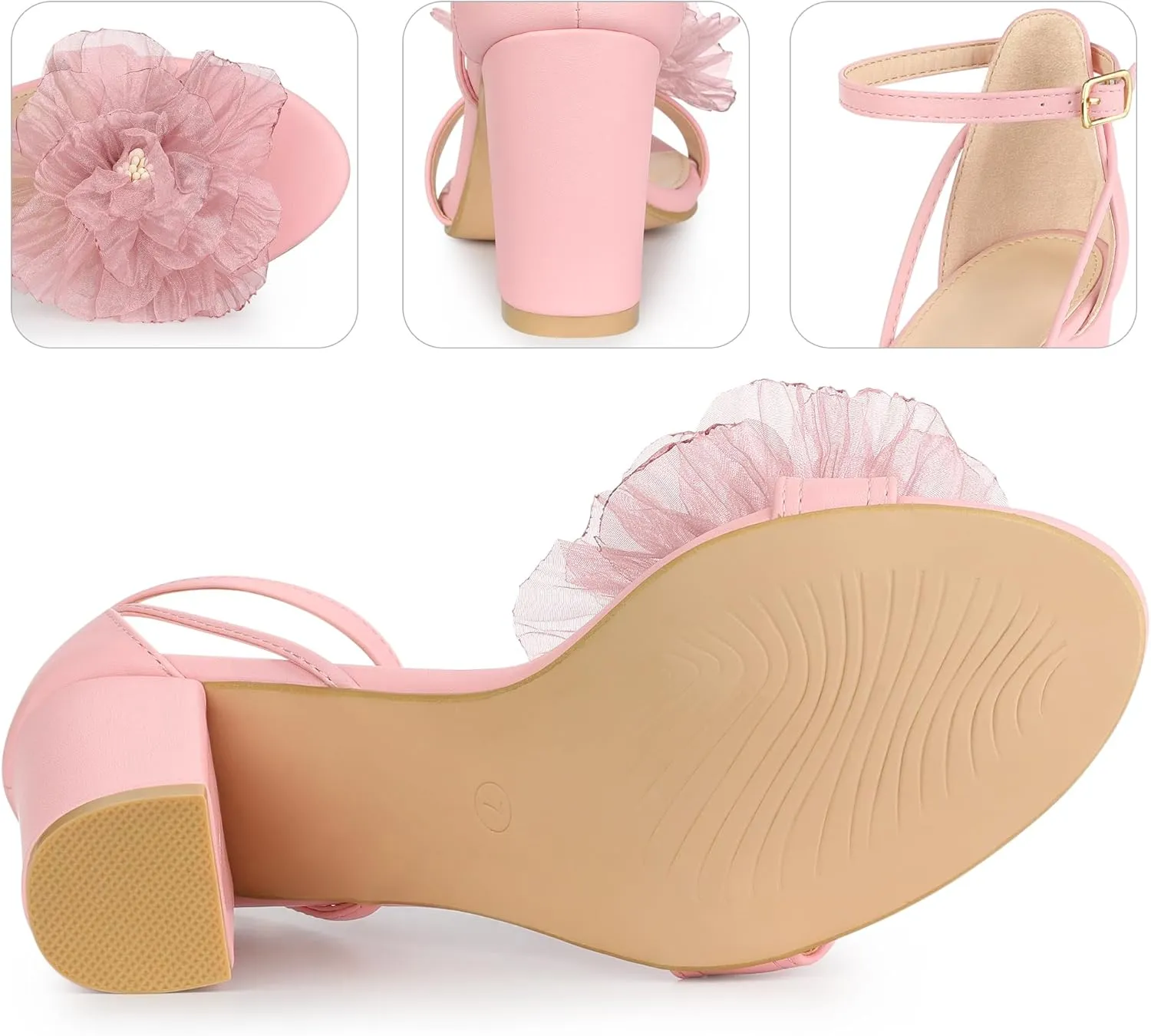 Perphy Flower Open Toe Ankle Strap Block High Heel Sandals for Women