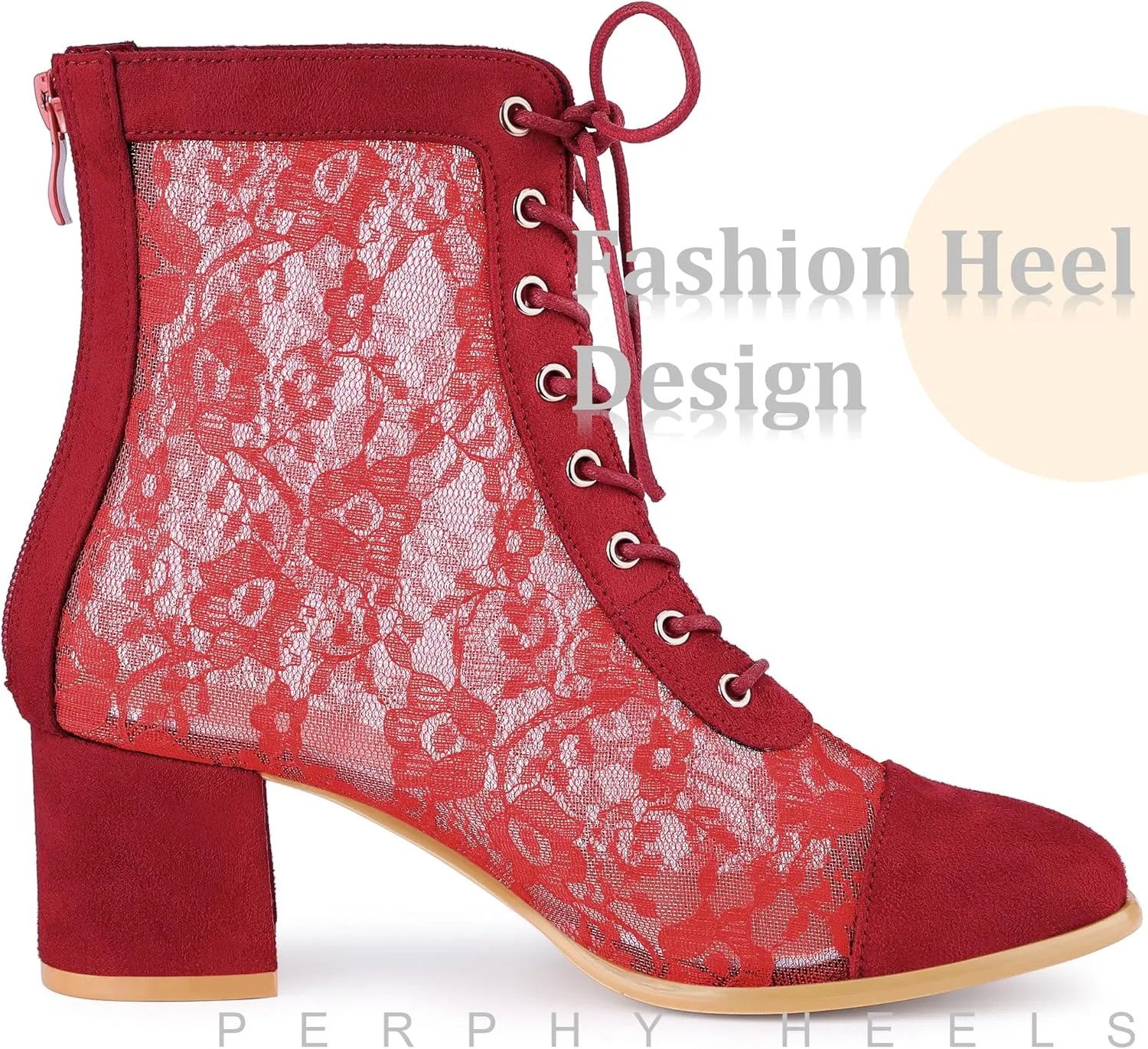 Perphy Square Toe Lace Up Floral Lace Block Heels Ankle Boots for Women