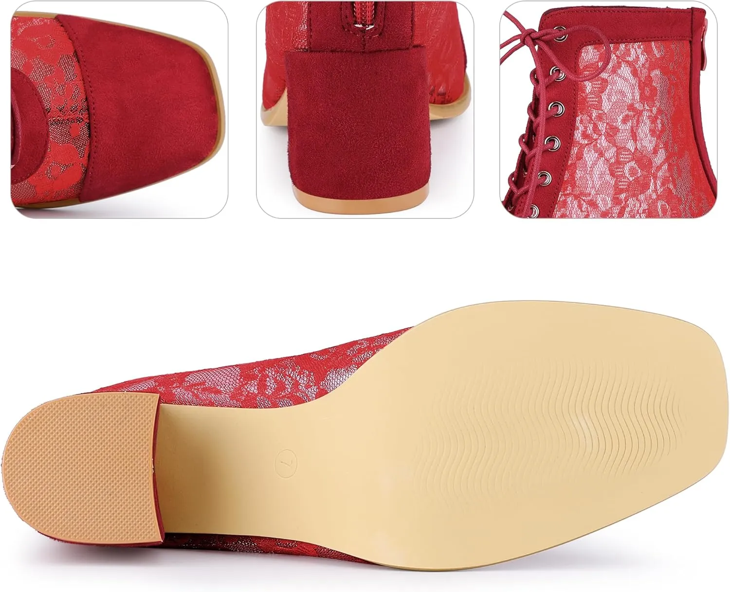 Perphy Square Toe Lace Up Floral Lace Block Heels Ankle Boots for Women
