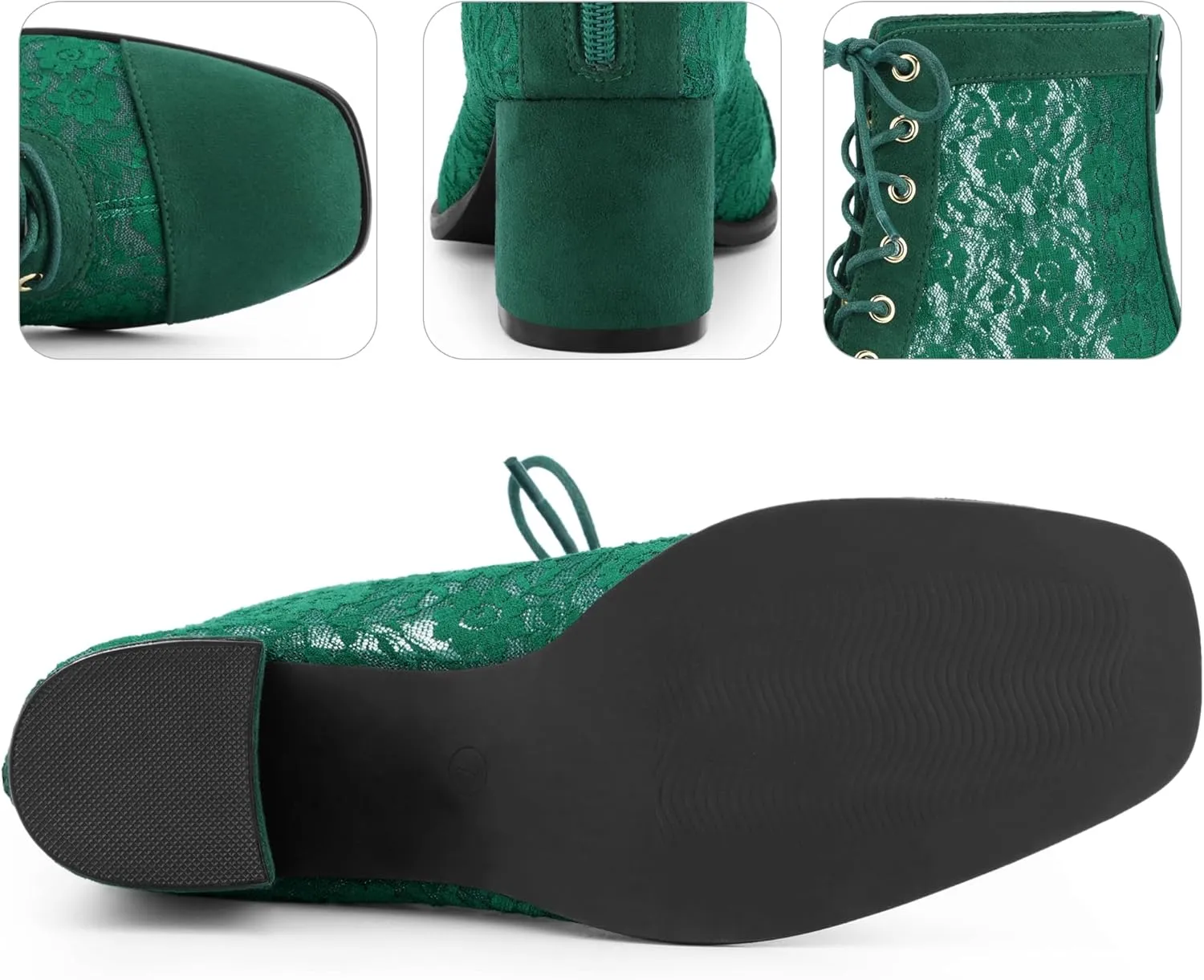 Perphy Square Toe Lace Up Floral Lace Block Heels Ankle Boots for Women