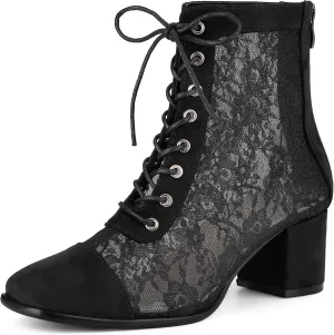 Perphy Square Toe Lace Up Floral Lace Block Heels Ankle Boots for Women
