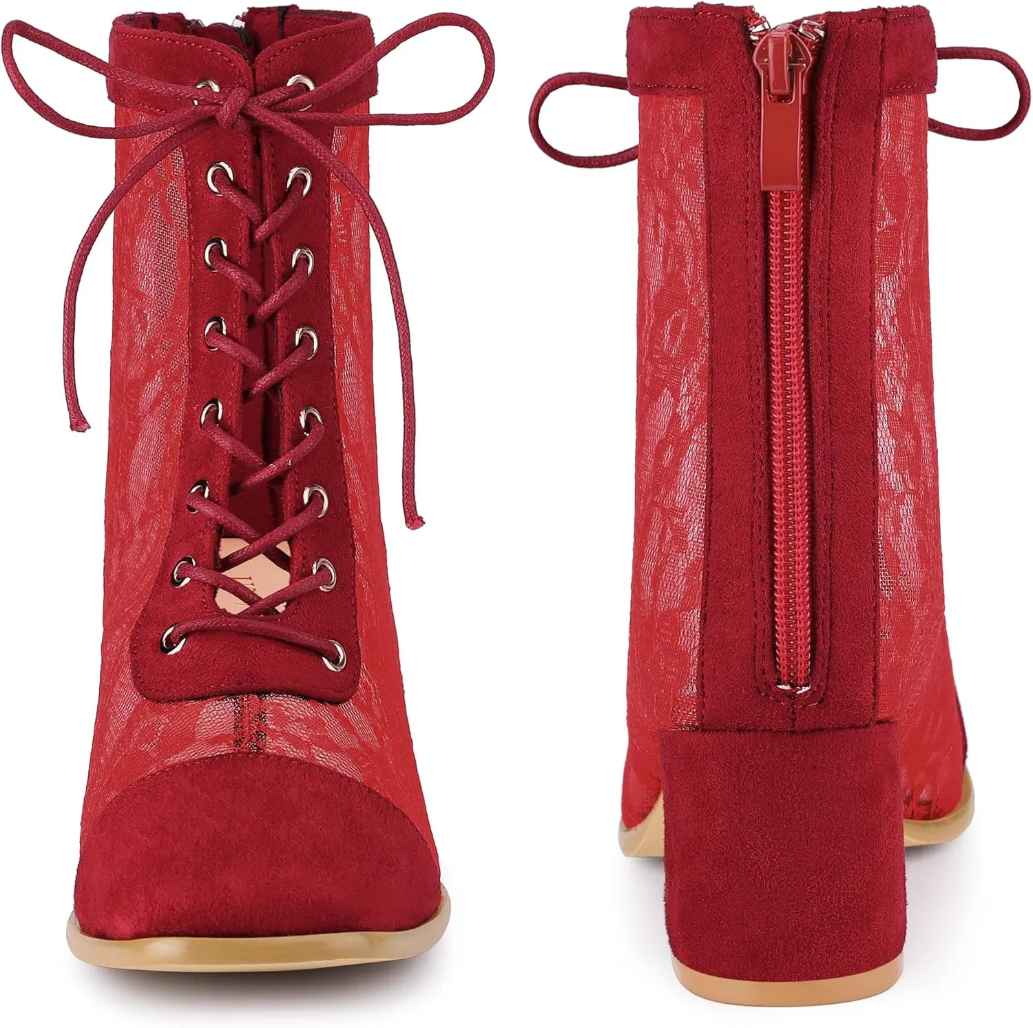 Perphy Square Toe Lace Up Floral Lace Block Heels Ankle Boots for Women