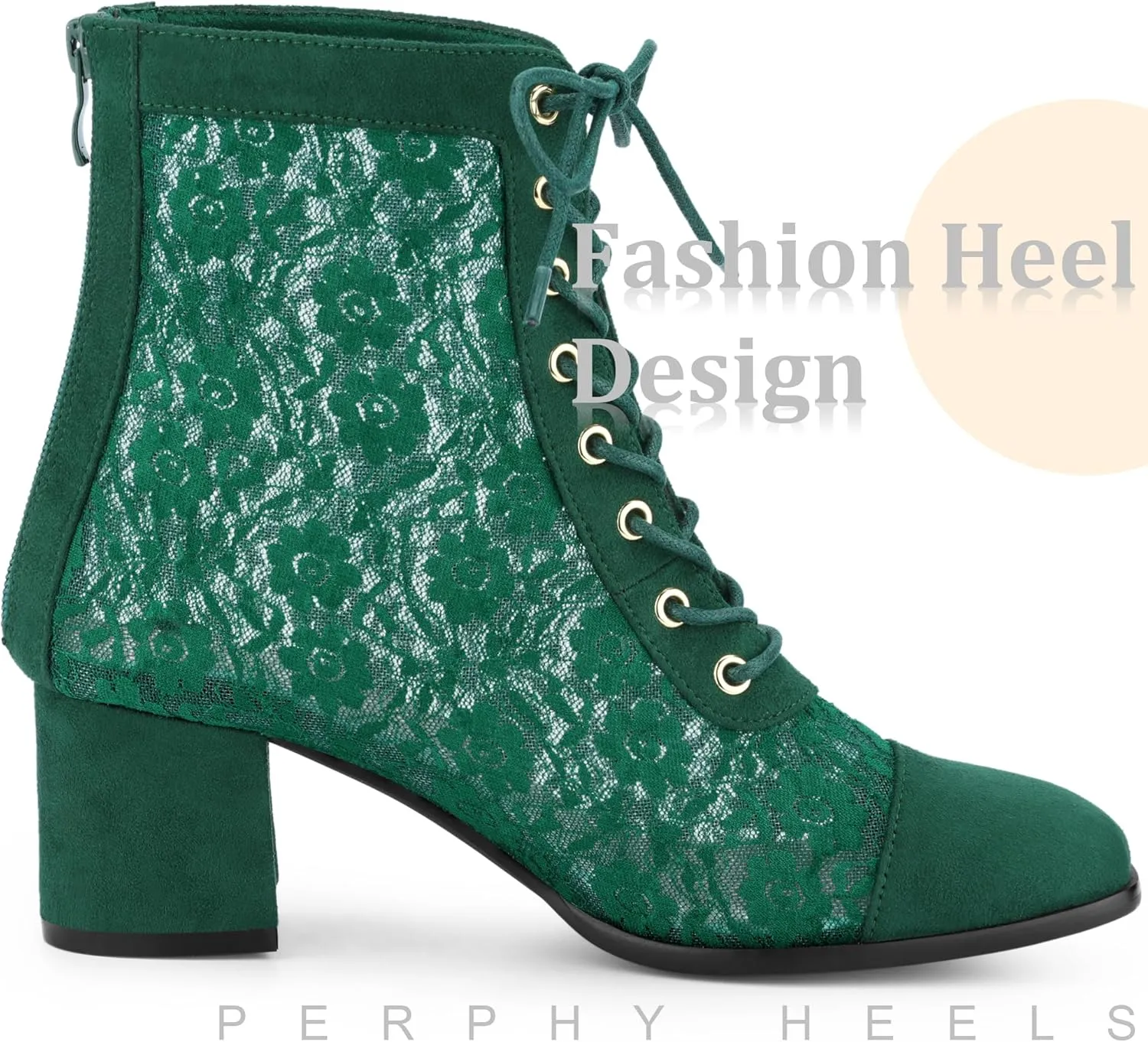 Perphy Square Toe Lace Up Floral Lace Block Heels Ankle Boots for Women