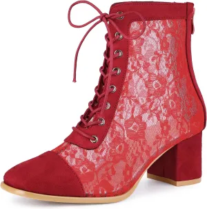 Perphy Square Toe Lace Up Floral Lace Block Heels Ankle Boots for Women