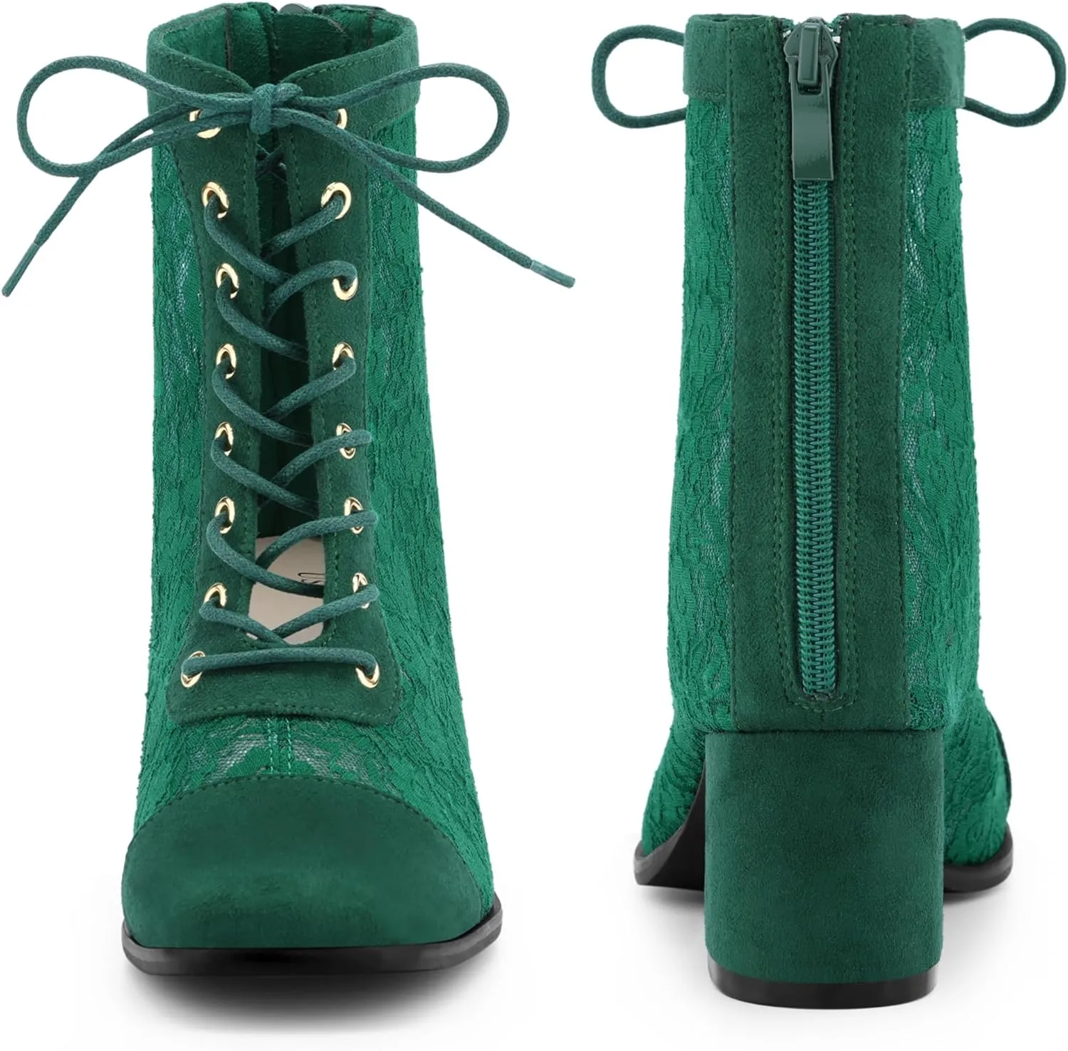 Perphy Square Toe Lace Up Floral Lace Block Heels Ankle Boots for Women