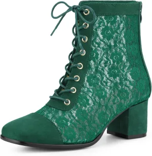 Perphy Square Toe Lace Up Floral Lace Block Heels Ankle Boots for Women