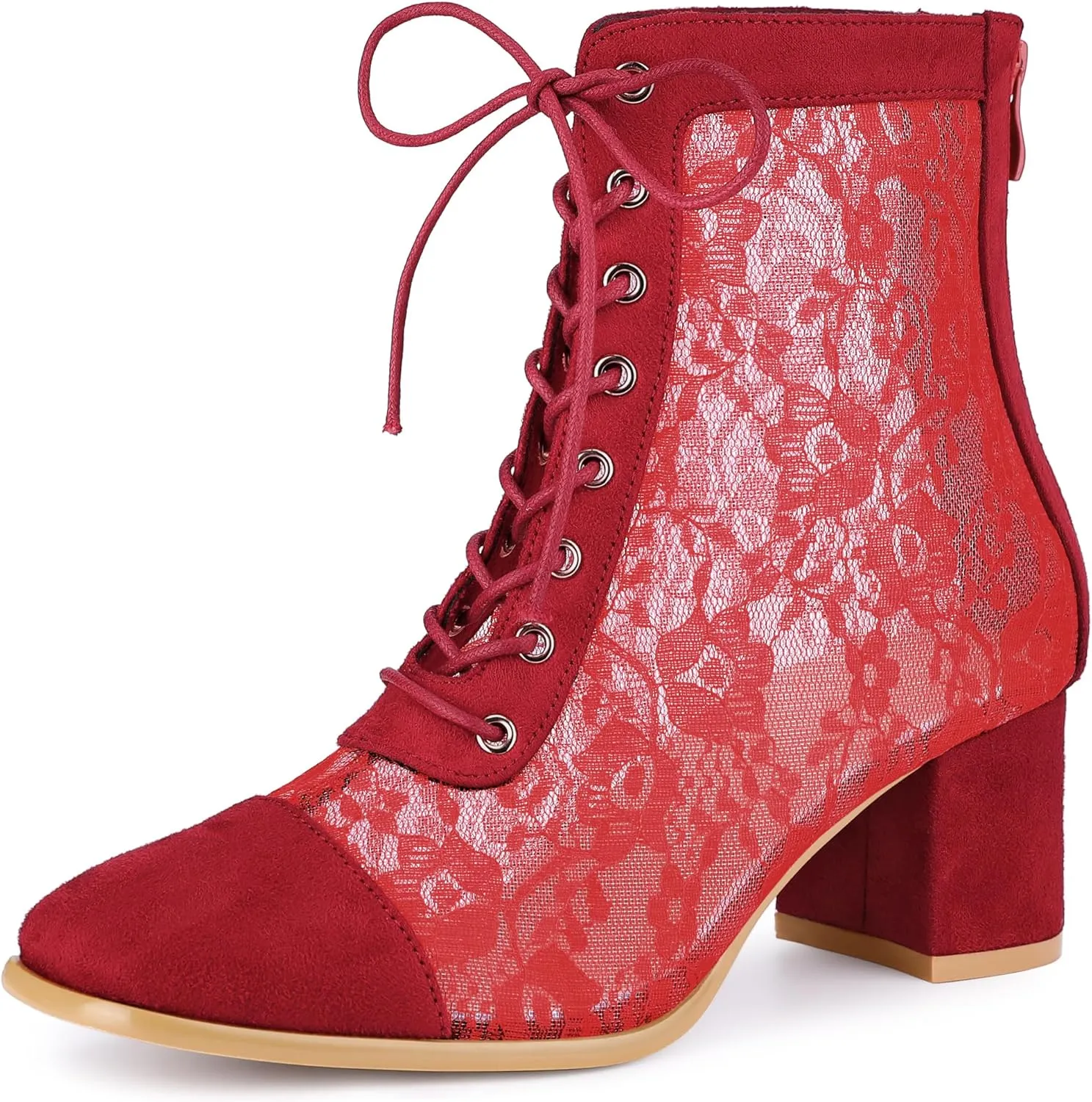 Perphy Square Toe Lace Up Floral Lace Block Heels Ankle Boots for Women
