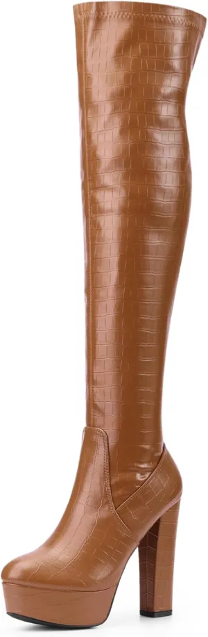 Perphy Stone Pattern Platform Boots Block Heels Over Knee Thigh High Boots for Women