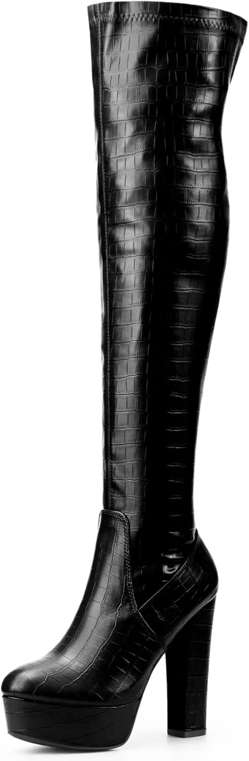 Perphy Stone Pattern Platform Boots Block Heels Over Knee Thigh High Boots for Women