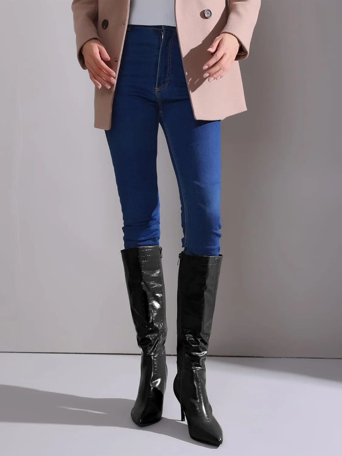 Perphy Stone Pattern Stiletto Heels Knee High Boots for Women