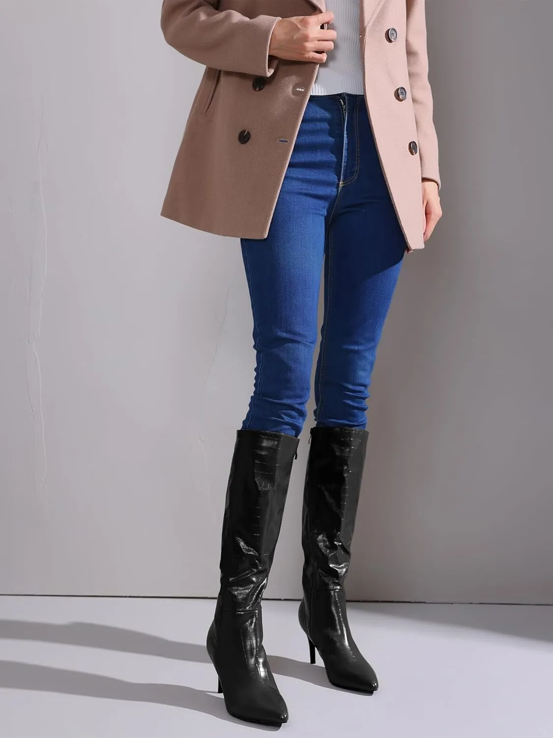 Perphy Stone Pattern Stiletto Heels Knee High Boots for Women