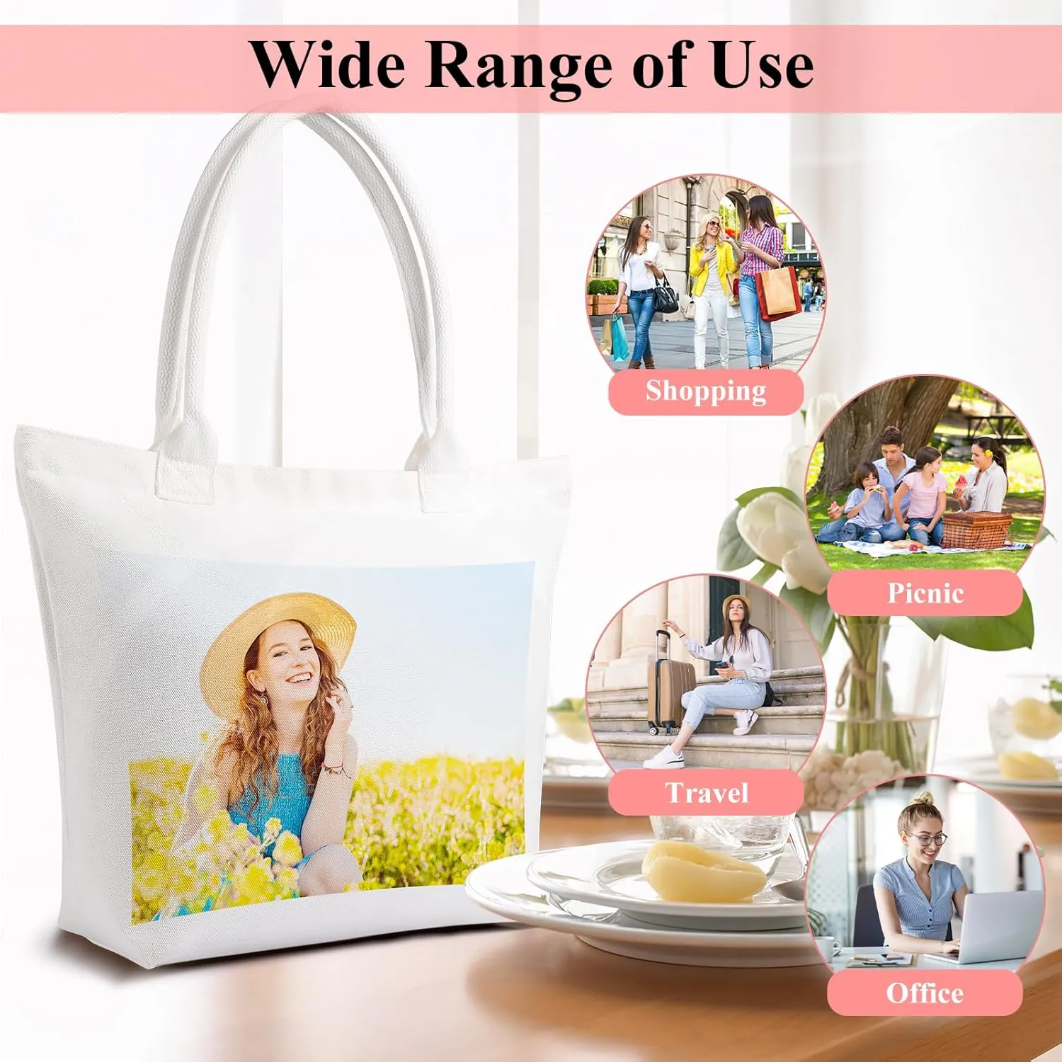 Personalised Tote Bags, Personalised Name Canvas Beach Bag, Custom Photo Text Logo Travel Shopping Gift Bags for Women